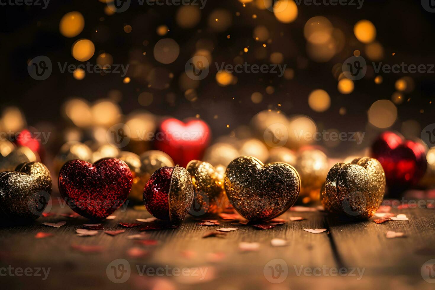 AI generated Gold hearts, glitters and bokeh background. Neural network AI generated photo