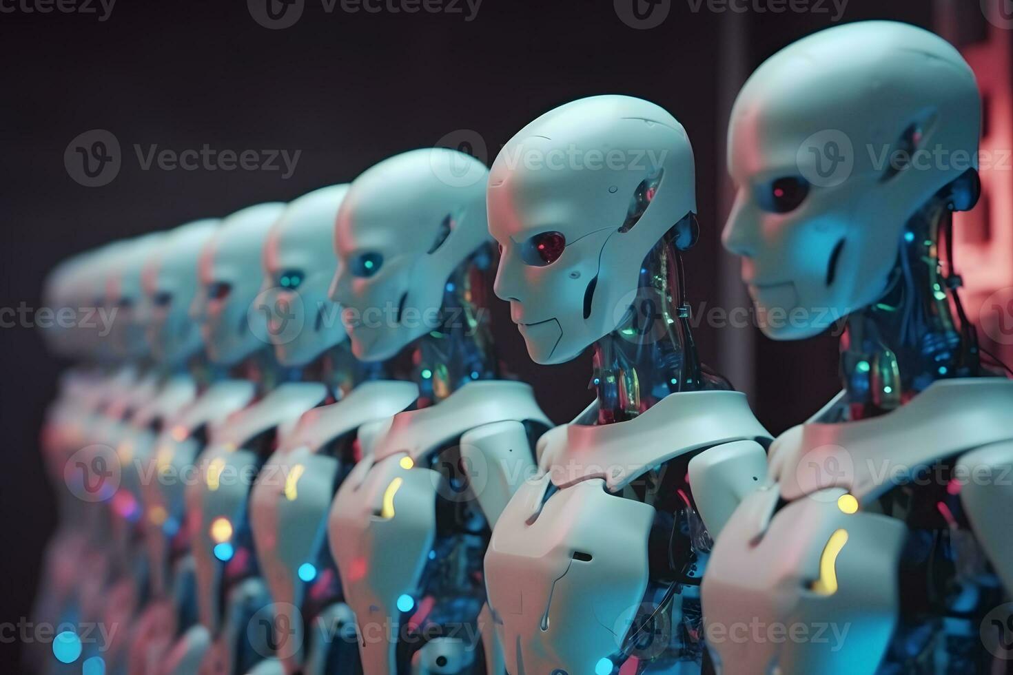 AI generated Robots stand in line. Neural network AI generated photo