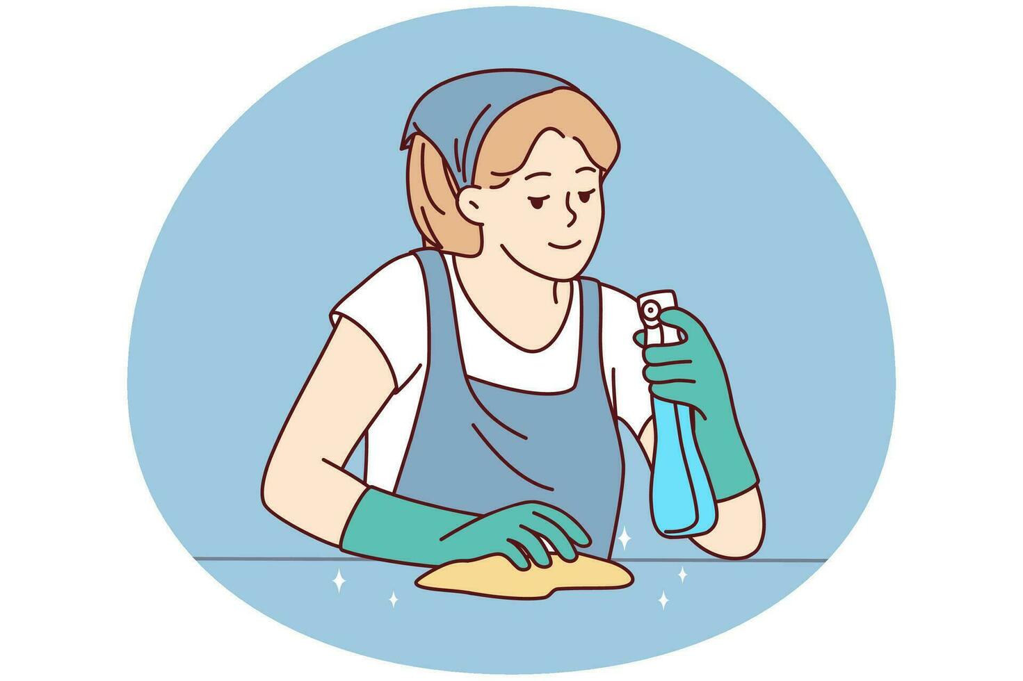 Female housekeeper with detergent and cloth working cleaning surface. Housewife take care of house cleanliness. Housekeeping and hygiene. Vector illustration.