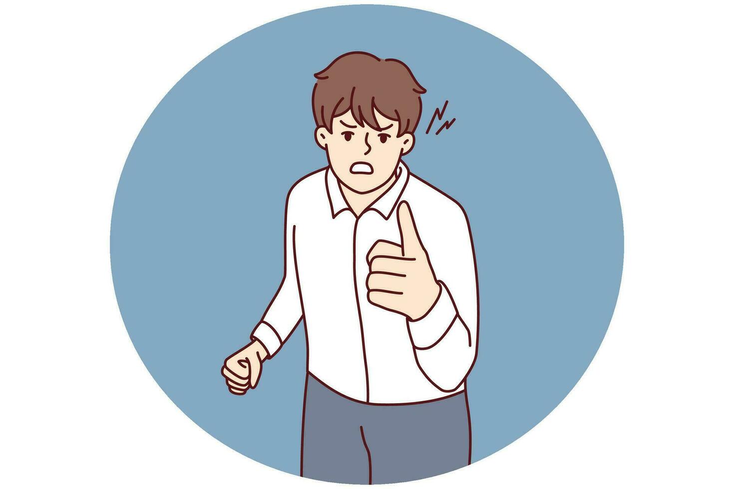 Angry man point at screen accuse or blame someone. Furious guy threaten to person feel outraged and distressed. Vector illustration.