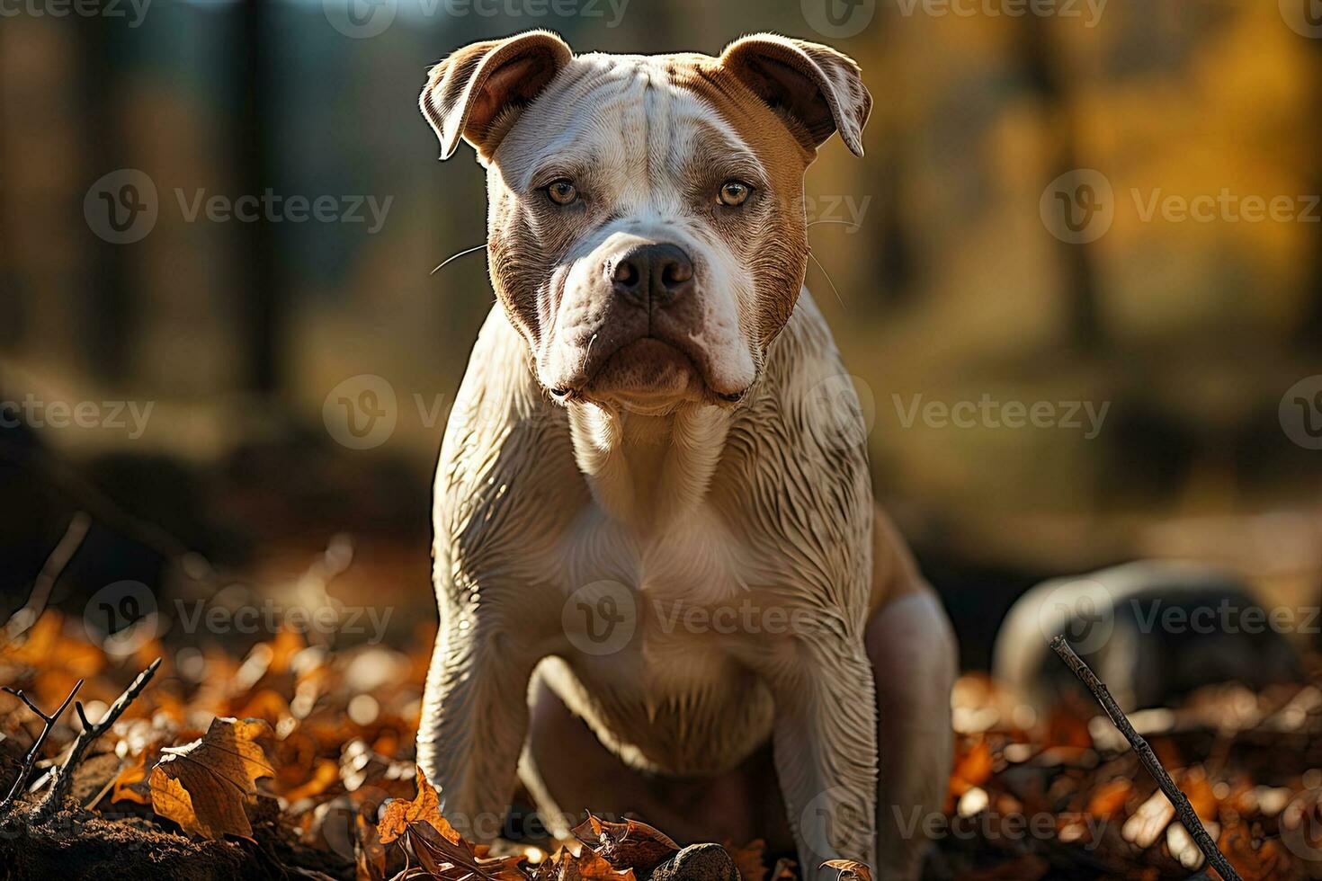 AI generated Portrait of a American Bulldog on a nature, close up photo, neutral light. Ai art photo