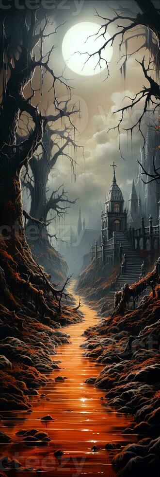 Fantastic spooky landscape background for Halloween bookmark. Ai generative art photo