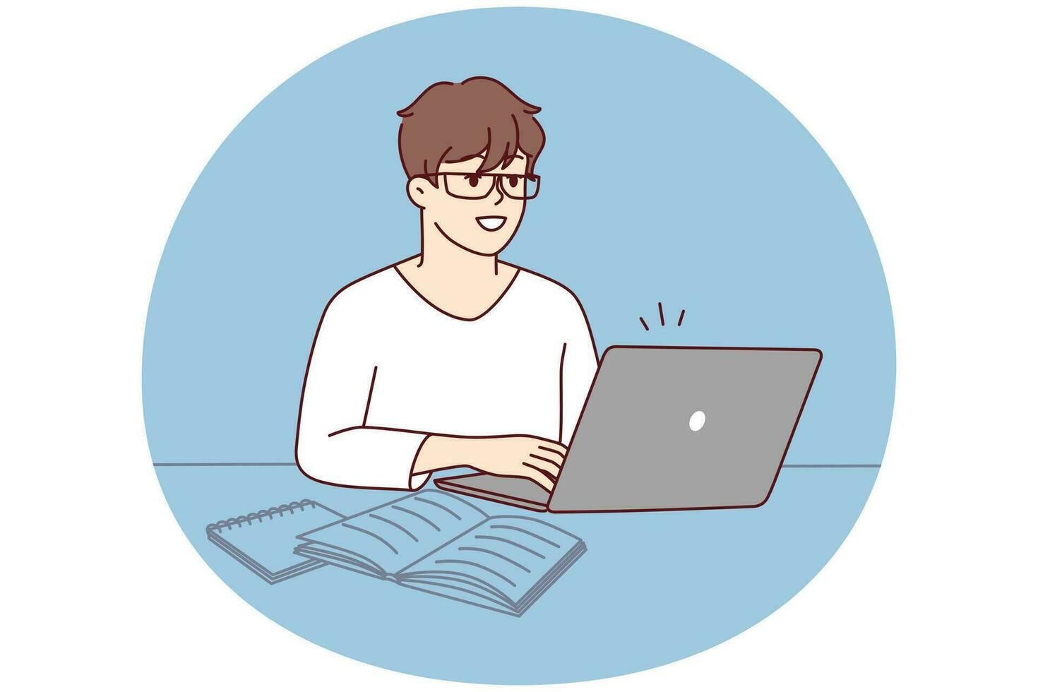 Smart young man sit on table work on laptop with textbooks. Smiling male busy study on computer at home office. Technology and education. Vector illustration.