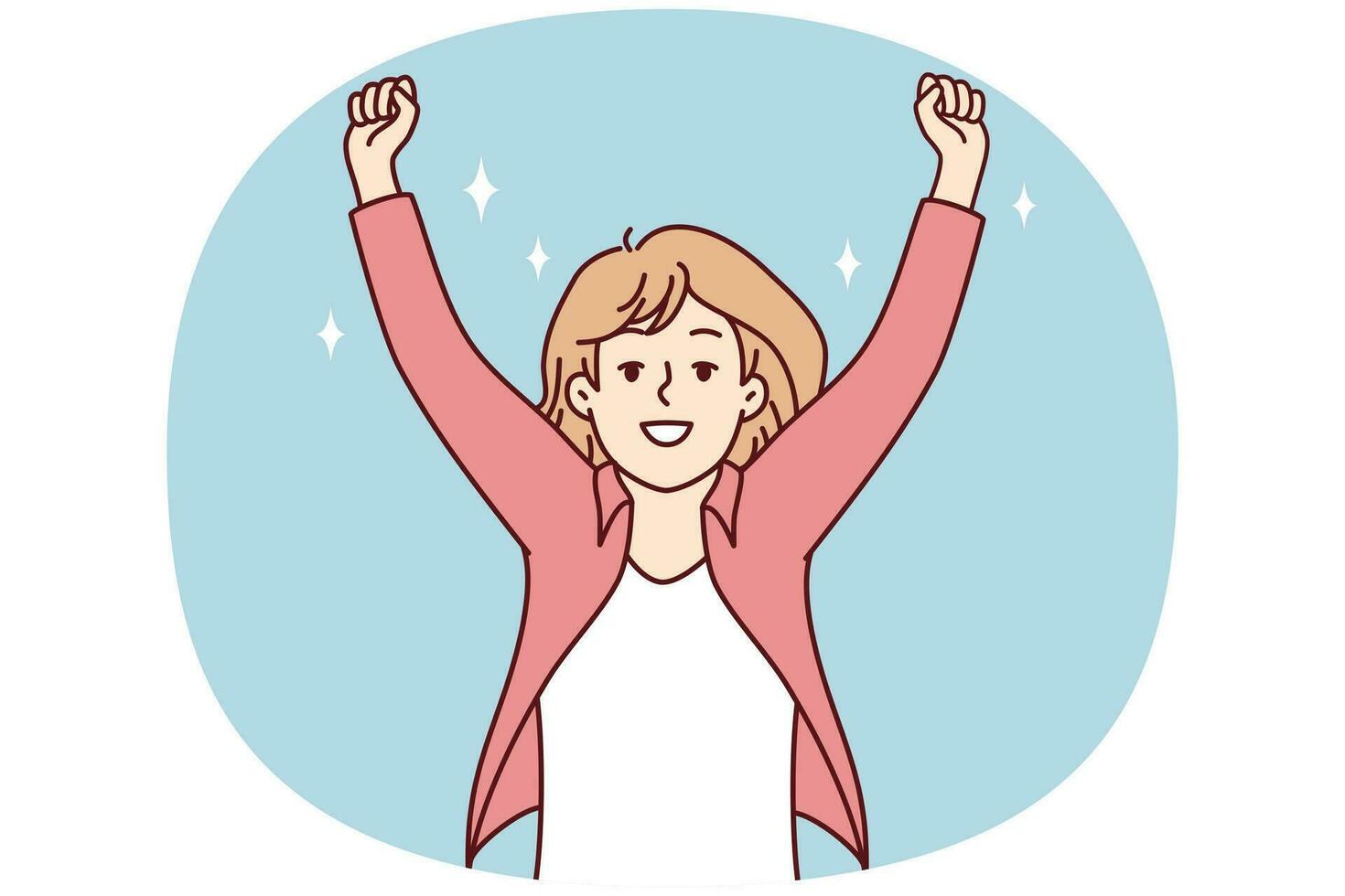 una mujer sonriente levanta la mano para celebrar el éxito o la promoción. la mujer feliz se siente eufórica con la victoria o la victoria. ilustración vectorial vector