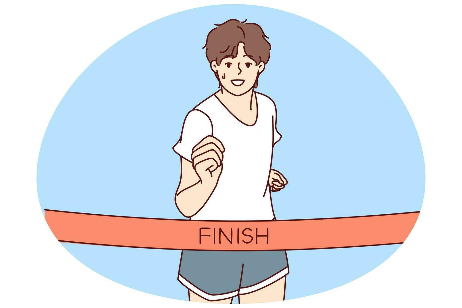 Young man in sportswear running finish race first. Smiling male athlete or sportsman participate in sport competition. Vector illustration.