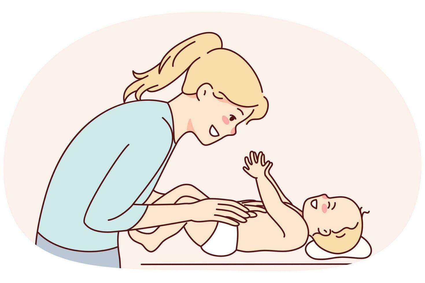 Smiling young mother playing with newborn baby. Happy mom have fun caress infant on table. Motherhood and parenthood. Vector illustration.