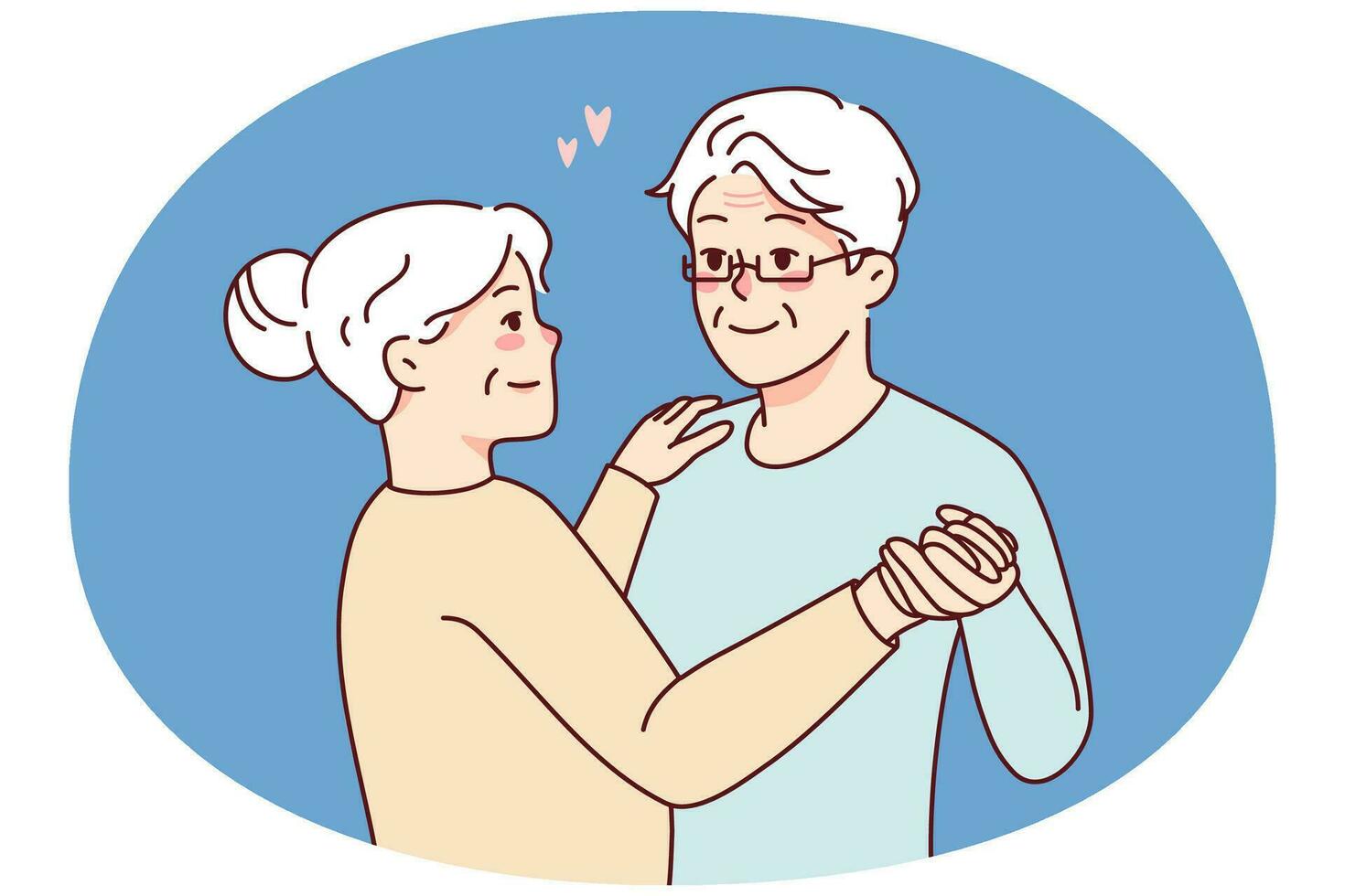 Happy elderly couple dancing together. Smiling mature man and woman enjoy romance and joyful calm retirement. Love and relationships. Vector illustration.