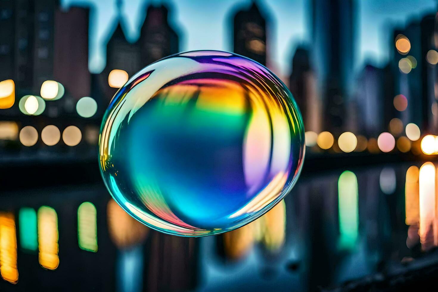 ai generado un arco iris de colores jabón burbuja en frente de un ciudad horizonte foto