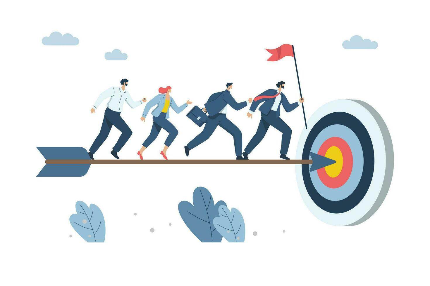 Effective teamwork, Successful business development, Success goals or career growth ideas. Team of businessmen running after an arrow that hits the target. Vecter design illustration. vector