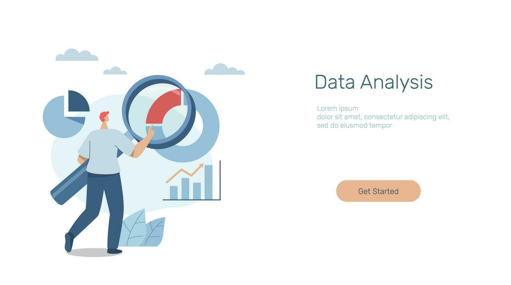 Data analysis, financial investment charts and graphs, big data and error recognition, Advertising media, banners, apps, web templates, Businessman with a magnifying glass analyzes pie chart data. vector