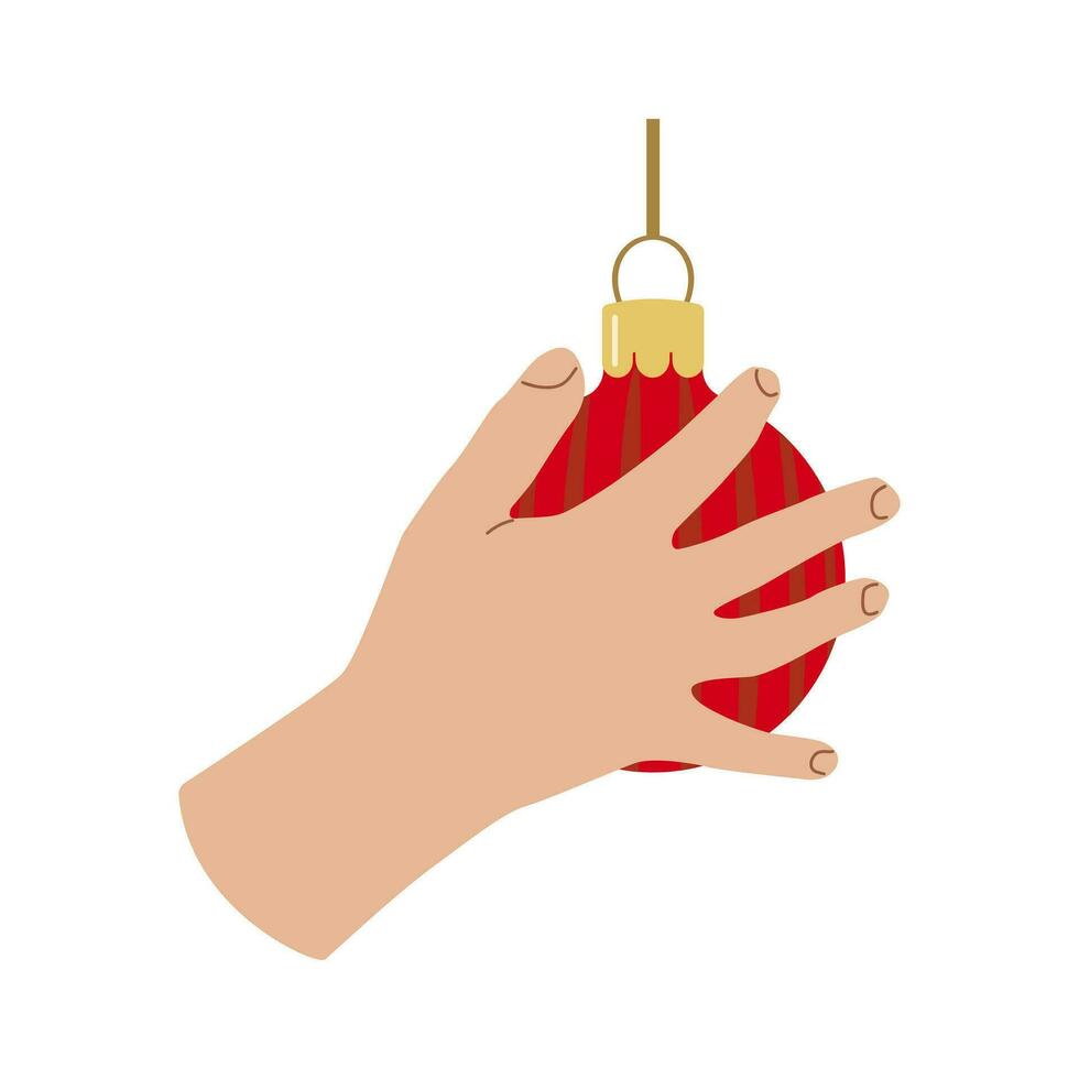 Holiday home decoration hand with Christmas ball Design for banner, web. Childs hand. Vector illustration...
