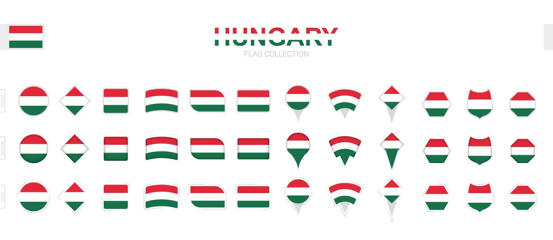 Large collection of Hungary flags of various shapes and effects. vector