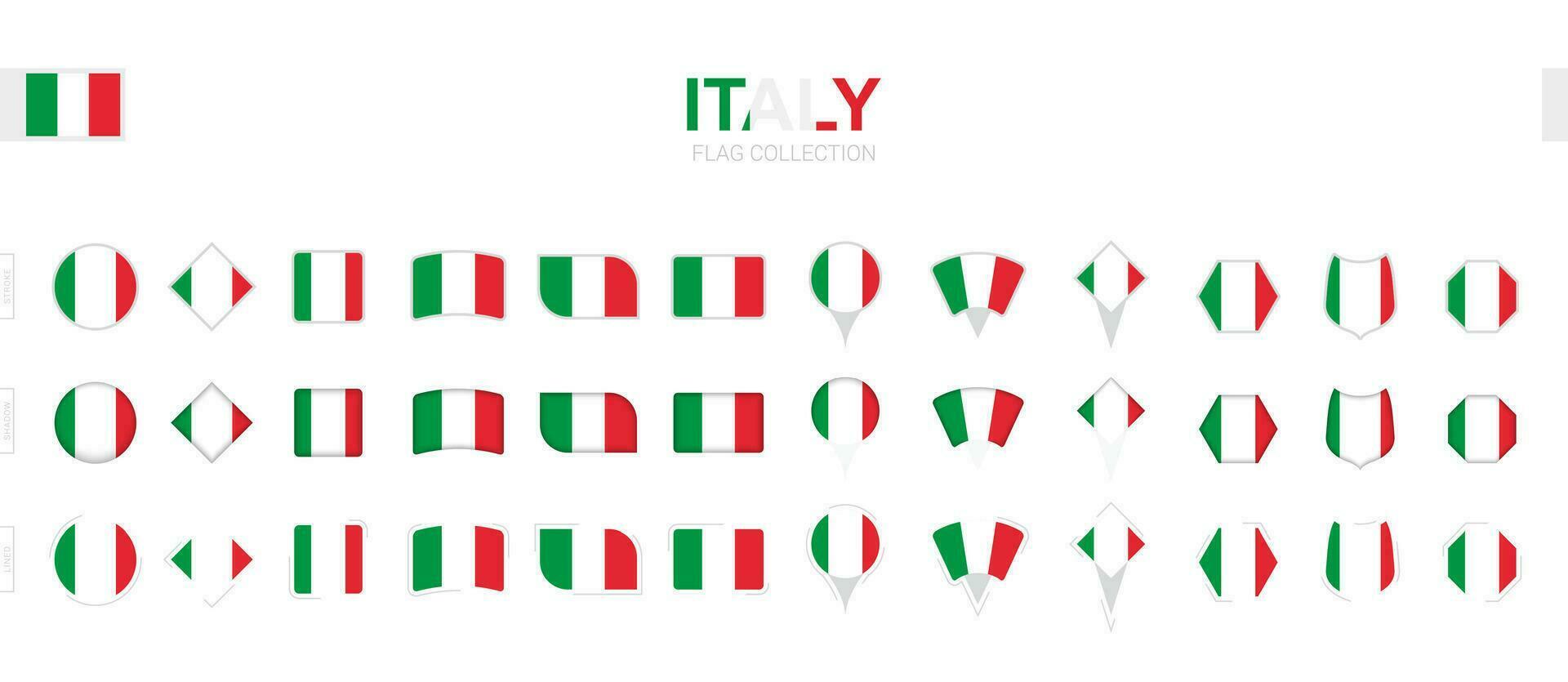 Large collection of Italy flags of various shapes and effects. vector