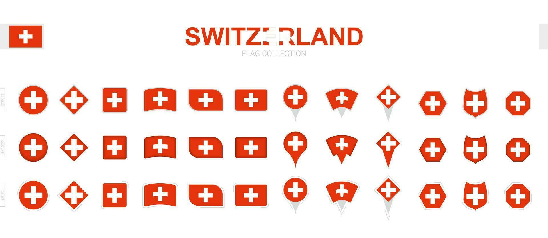 Large collection of Switzerland flags of various shapes and effects. vector