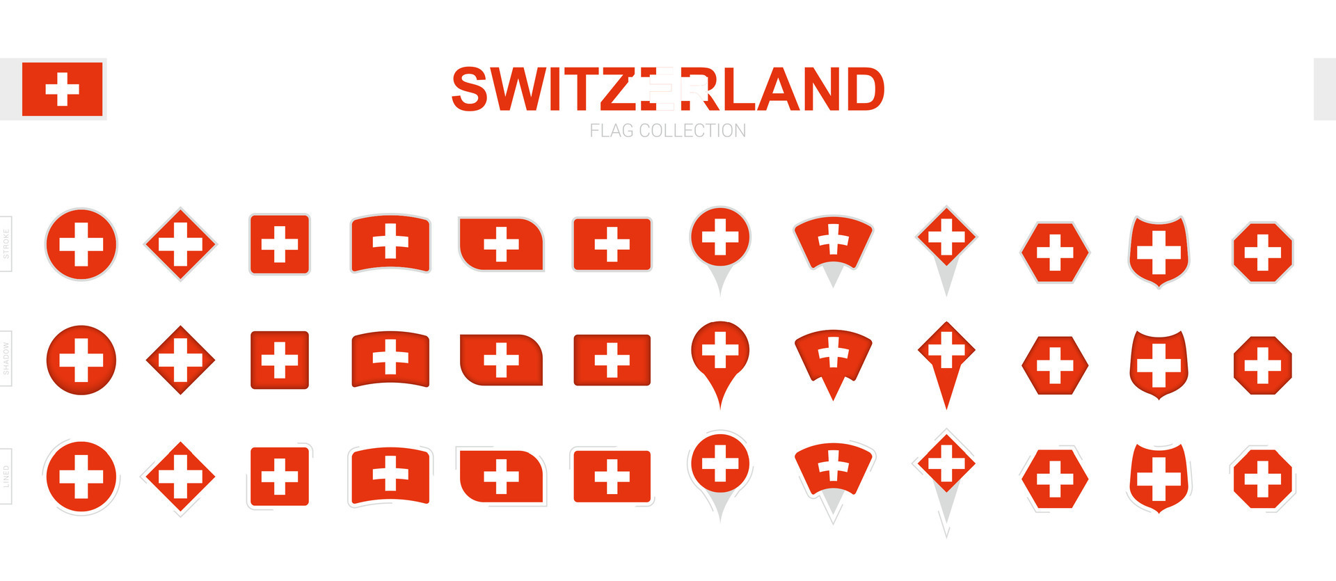 Large collection of Switzerland flags of various shapes and effects