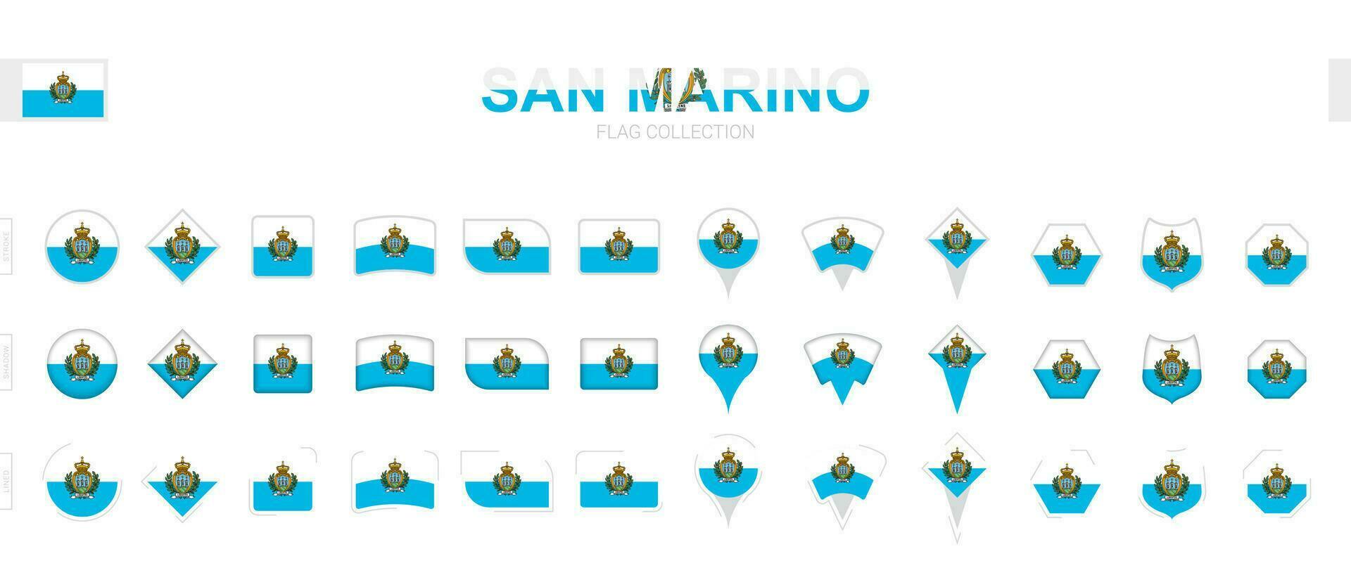 Large collection of San Marino flags of various shapes and effects. vector