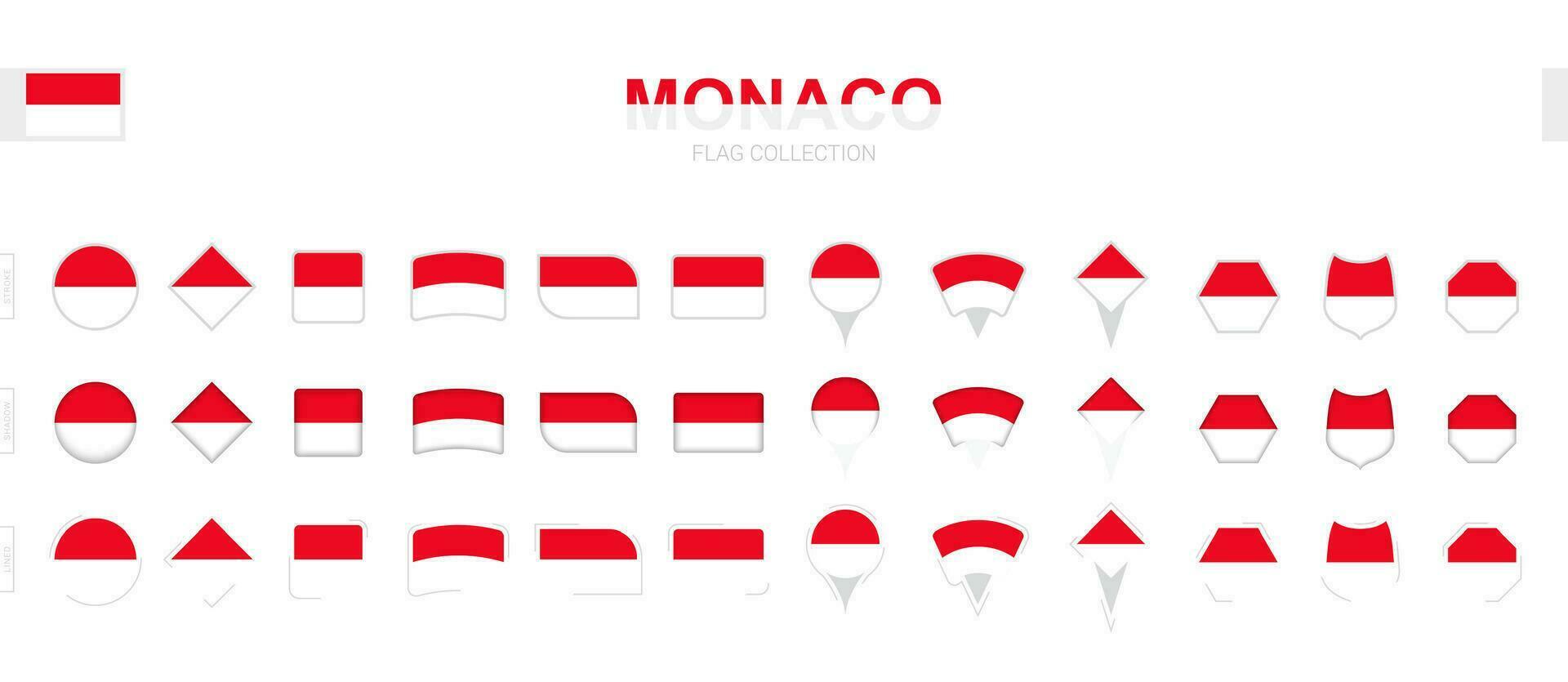 Large collection of Monaco flags of various shapes and effects. vector