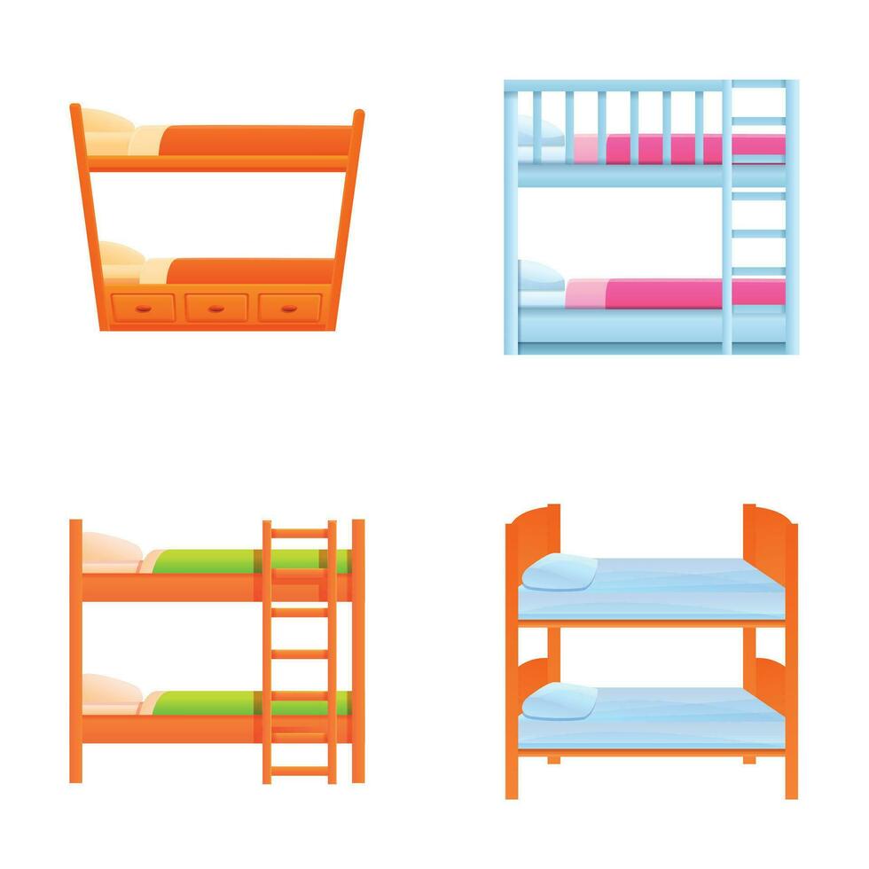 Bunk bed icons set cartoon vector. Two tier bed with mattress pillow and blanket vector