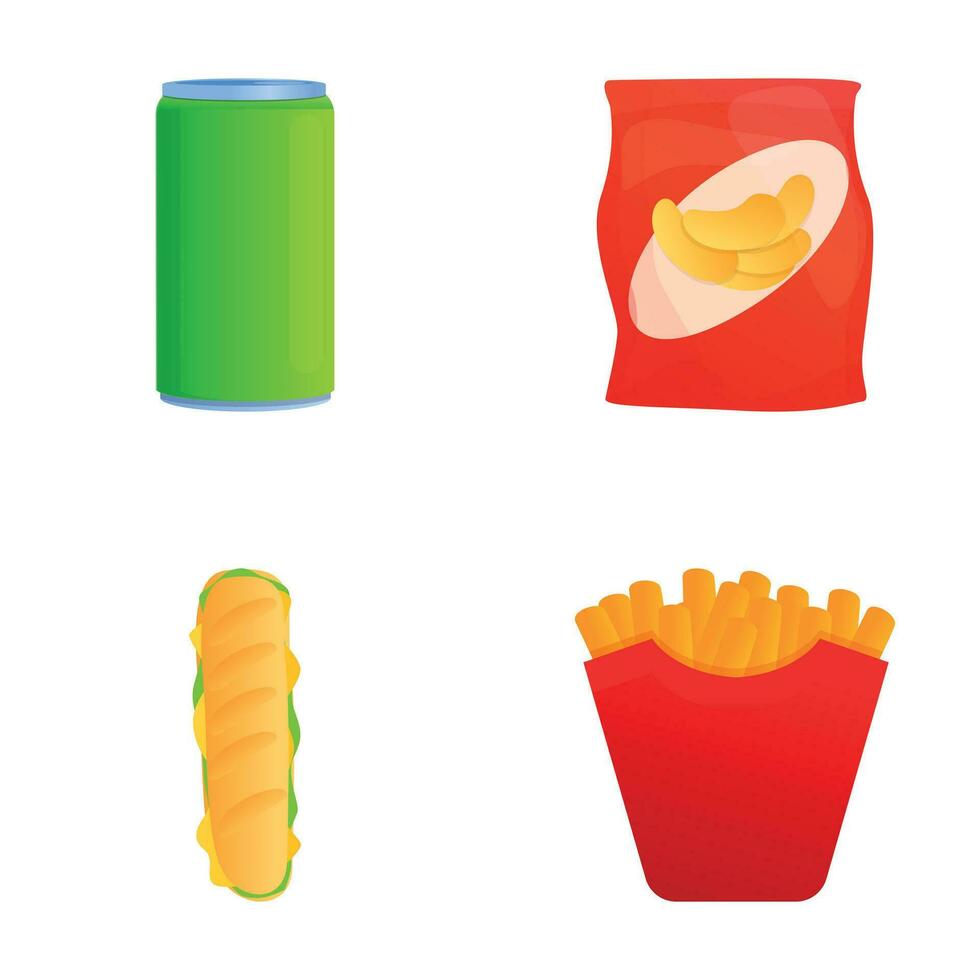 Fast food icons set cartoon vector. Fries potato hot dog chips and canned drink vector