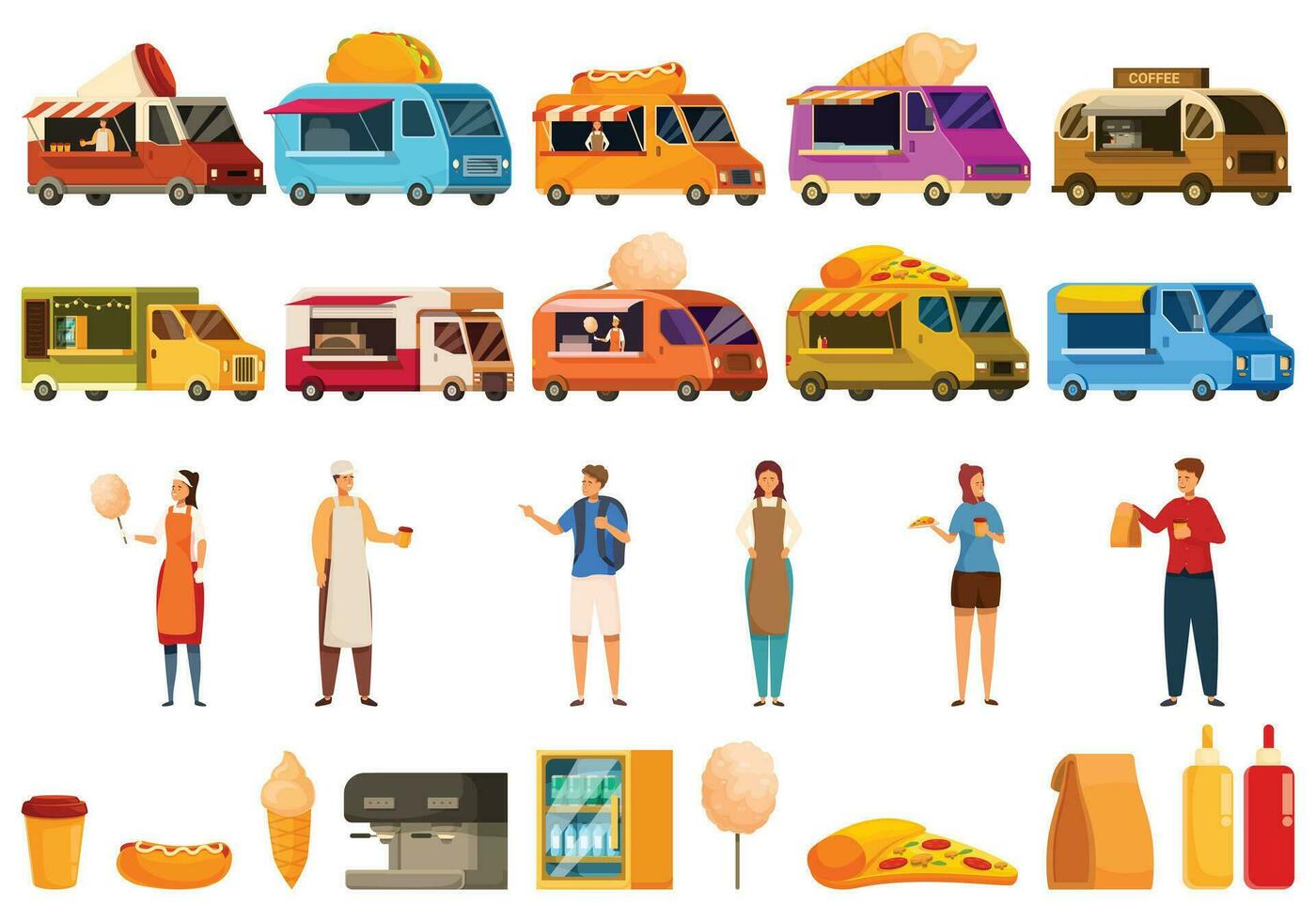 Cafe on wheels icons set cartoon vector. Truck food vector