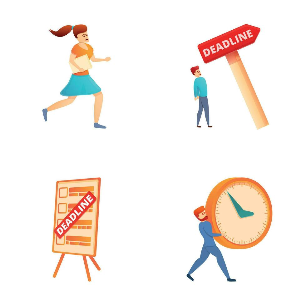 Office deadline icons set cartoon vector. Stressed employees working overtime vector