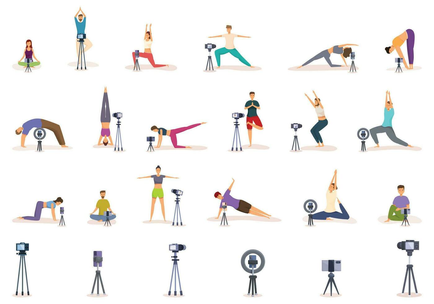 Yoga blogger icons set cartoon vector. Fitness trainer online vector