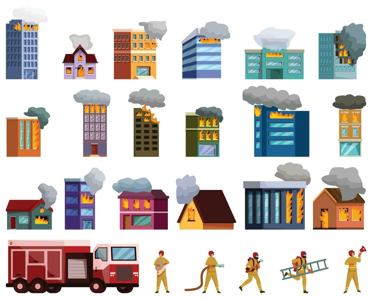 Burning building icons set cartoon vector. Fire house vector