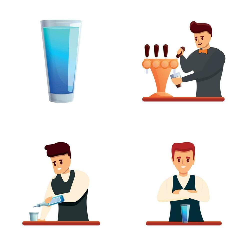 Bartender man icons set cartoon vector. Bartender prepares cocktail vector
