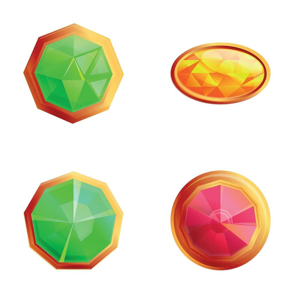 Gem icons set cartoon vector. Different shape and color precious stone vector