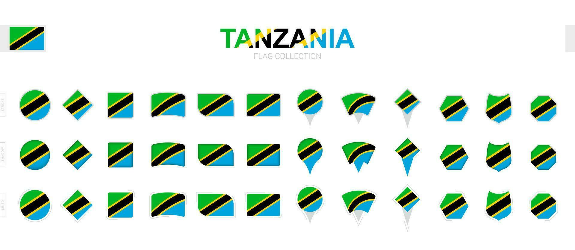 Large collection of Tanzania flags of various shapes and effects. vector