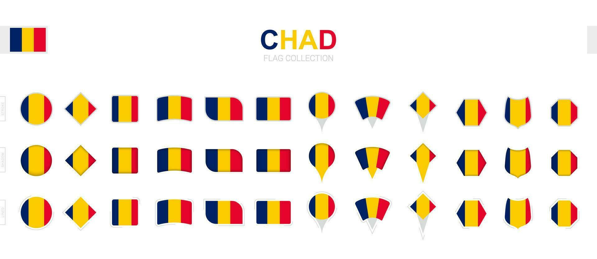 Large collection of Chad flags of various shapes and effects. vector