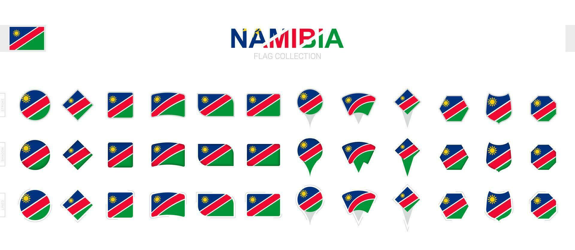 Large collection of Namibia flags of various shapes and effects. vector