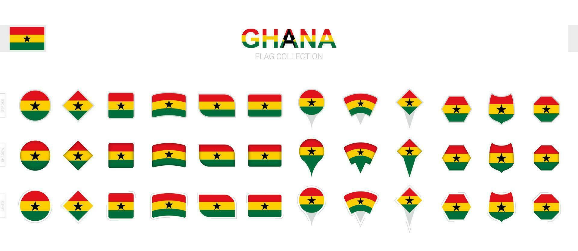 Large collection of Ghana flags of various shapes and effects. vector