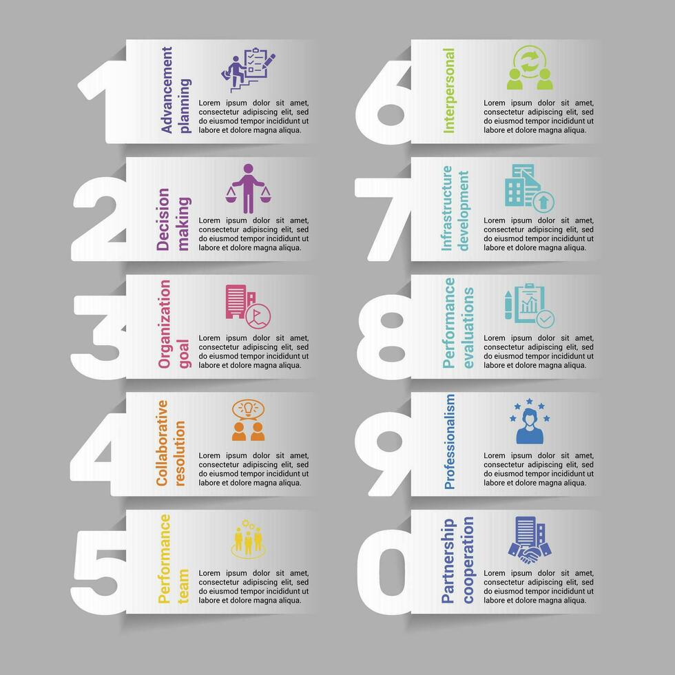 Infographics with Corporative Development theme icons, 10 steps. Such as advancement planning, decision making, organization goal, collaborative resolution and more. vector