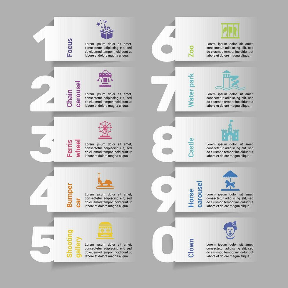 Infographics with Amusment Park theme icons, 10 steps. Such as focus, chain carousel, ferris wheel, bumper car and more. vector