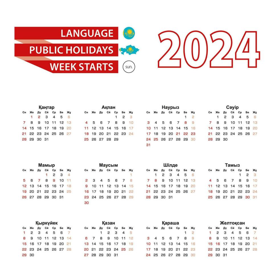 calendario 2024 en kazakh idioma con público Días festivos el país de Kazajstán en año 2024. vector