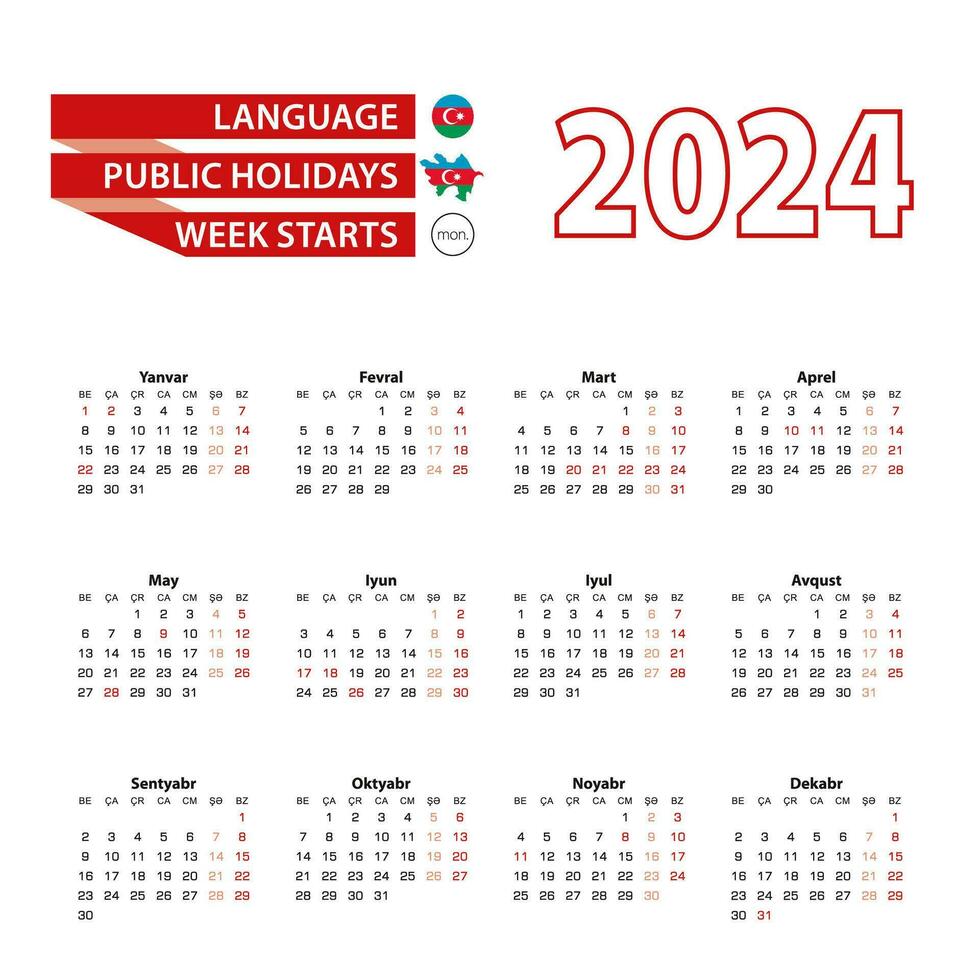 calendario 2024 en azerbaiyano idioma con público Días festivos el país de azerbaiyán en año 2024. vector