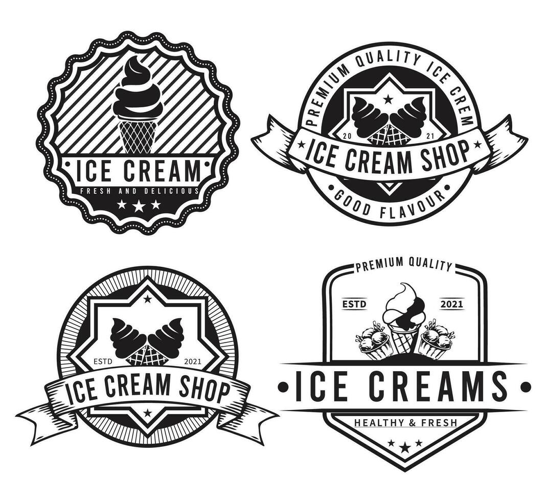 Clásico hielo crema tienda logo insignias y vector ilustración.