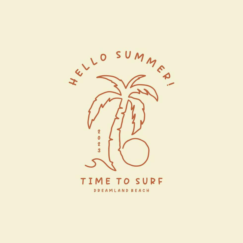 Monoline of palm tree, wave and sun. Design template for surf club, surf shop, surf merch. vector