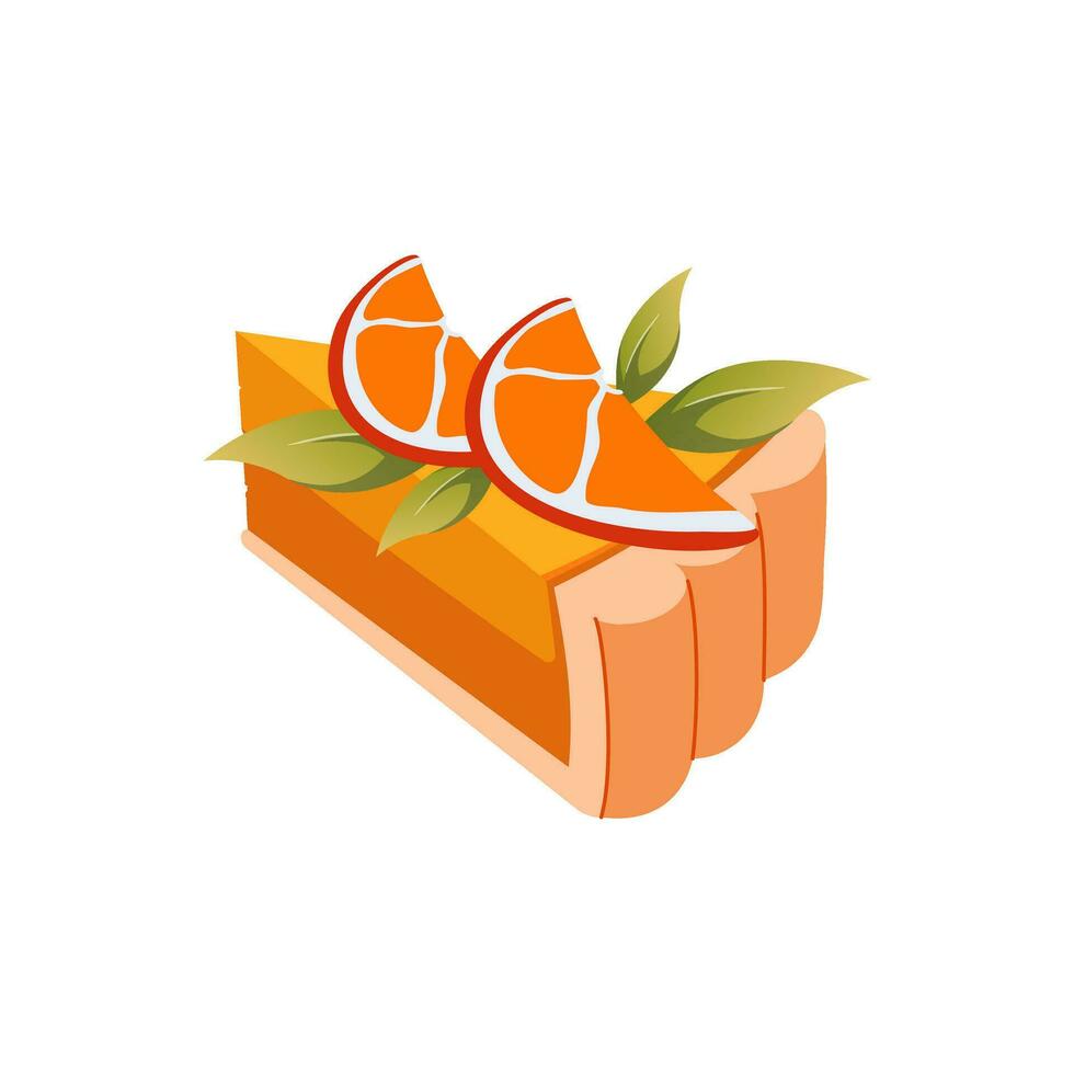 Piece of citrus cheesecake with orange slices. Birthday and anniversary birthday cake. Delicious dessert. Vector illustration for the design of your menu, website icons, and logos.