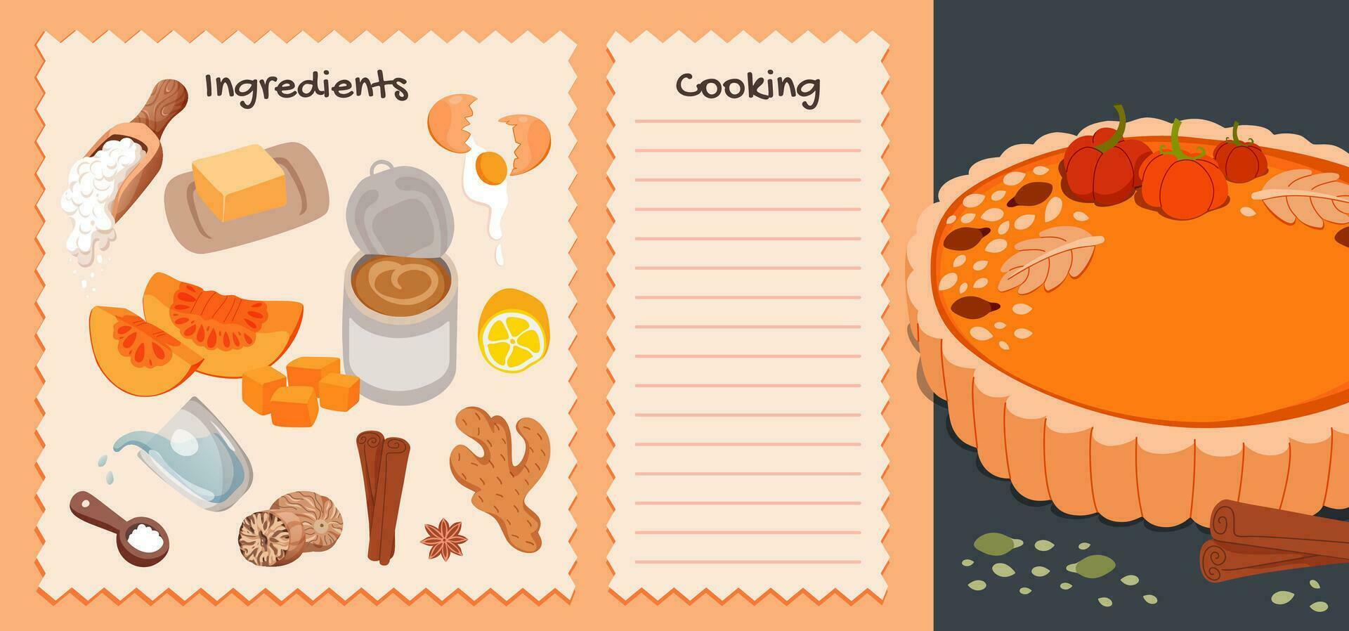 Christmas pumpkin Pie Recipe cards. Ingredients for making traditional American cake. Hand drawn baking ingredients set. Cute home menu. Cartoon vector illustration.