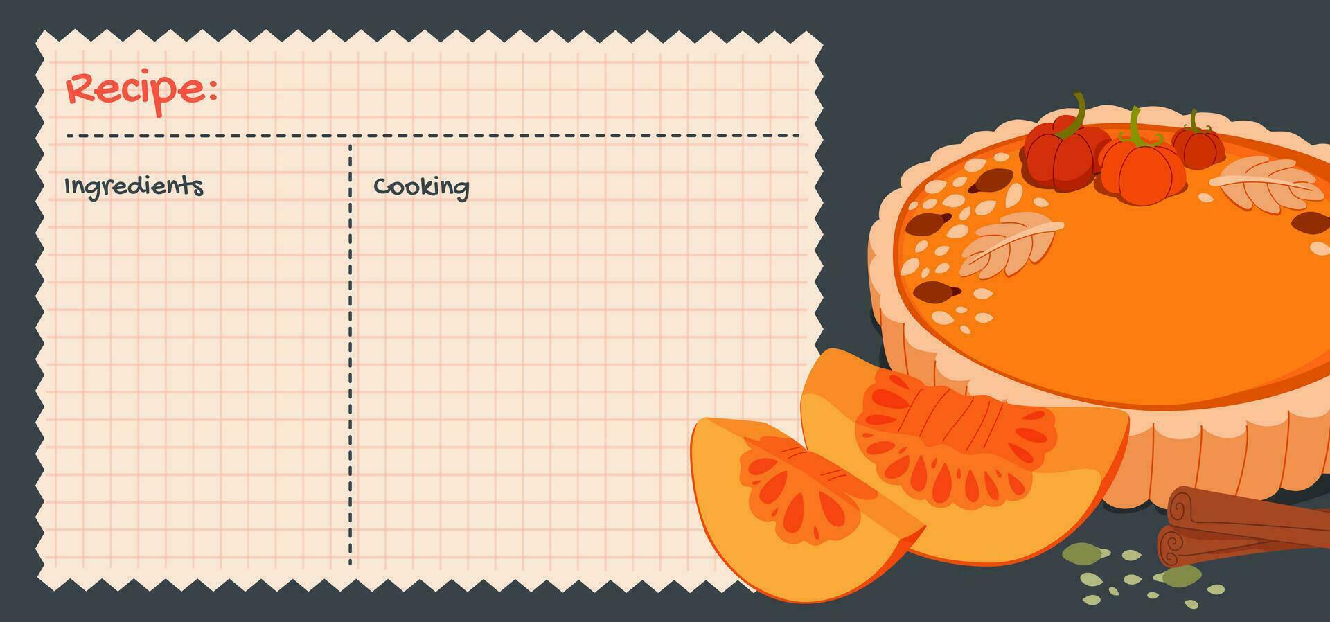 Pumpkin Pie Recipe cards. Culinary book blank pages. pumpkin Pie recipe illustration. Cookbook stickers, cute home menu. Print for design of menus and Cookbook. Cartoon vector illustration.