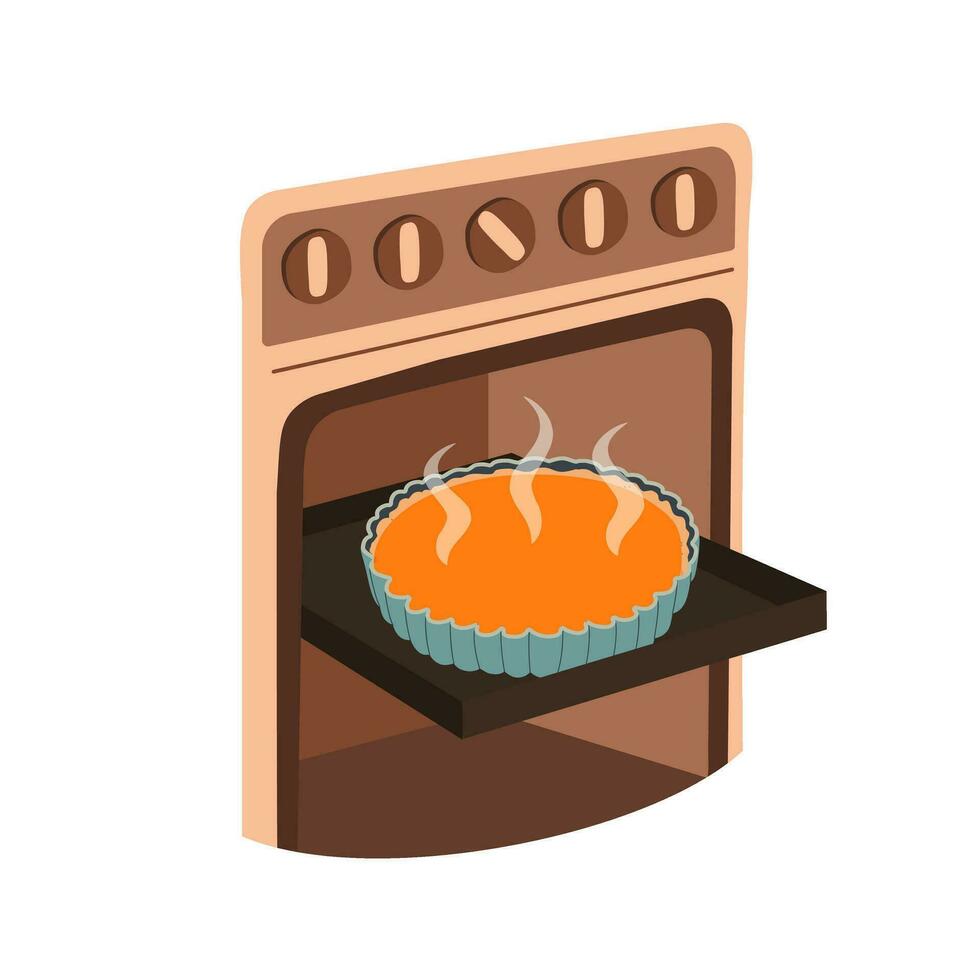 Pumpkin pie in oven vector flat illustration. Fresh sweet pastries. Cooking at home. Family traditions. Christmas cake. Autumn and winter pie.