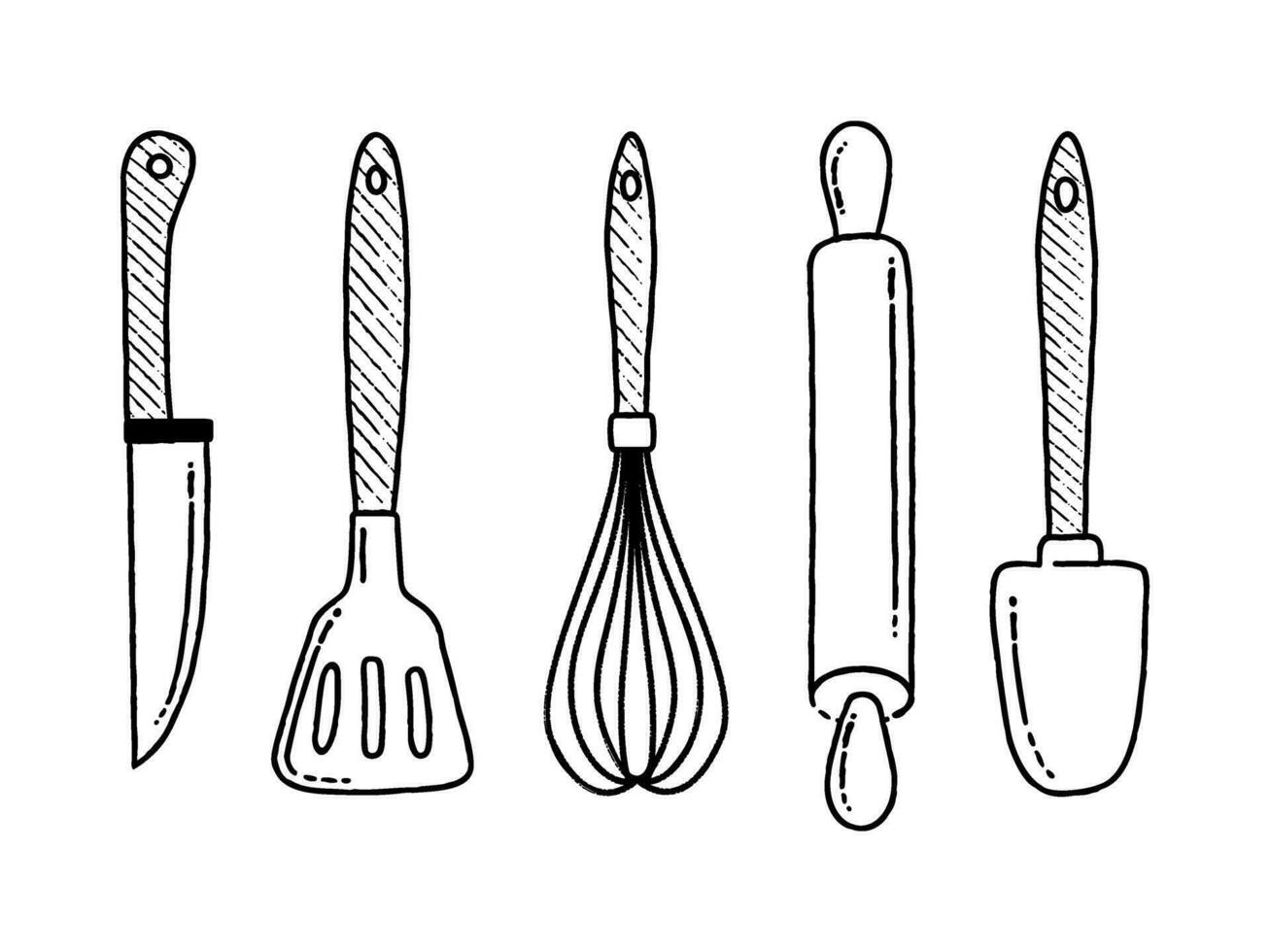 cocina utensilios contorno icono. espátula y batidor para flagelación. batería de cocina aislado contorno signo. Cocinando concepto. mano dibujado vector ilustración. pegatina para libro de cocina o menú.