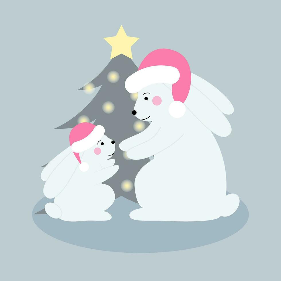 Happy New Year and Merry Christmas winter cute rabbits with noel tree. Festive Xmas  illustration. Great for holiday poster, greeting card, flyer, social net post, story, reel. vector