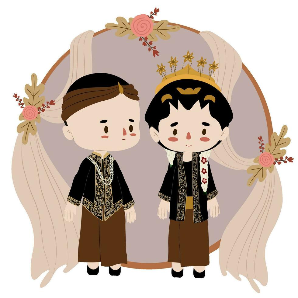 Central Javanese Indonesian traditional wedding attire. Vector cartoon illustration. Wedding vector illustration.