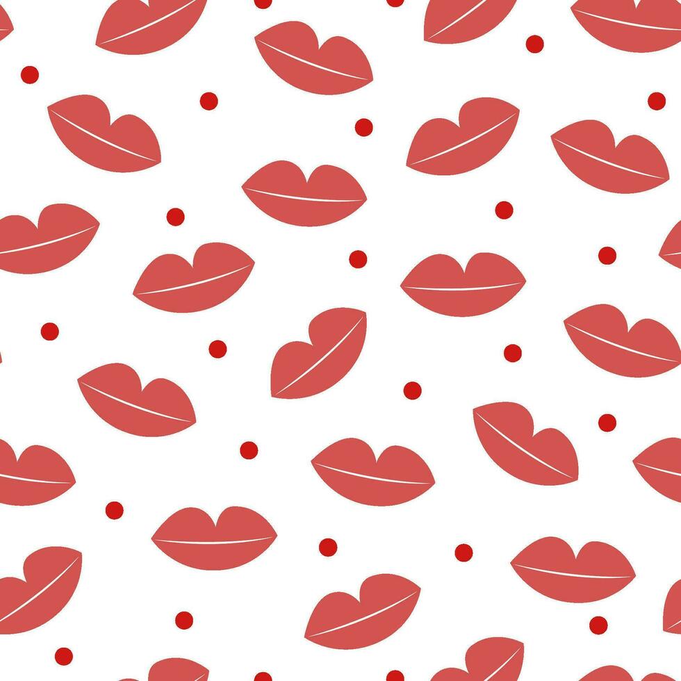 Seamless pattern of lips and dots on white background. Kisses, valentine's day, 14 february. vector