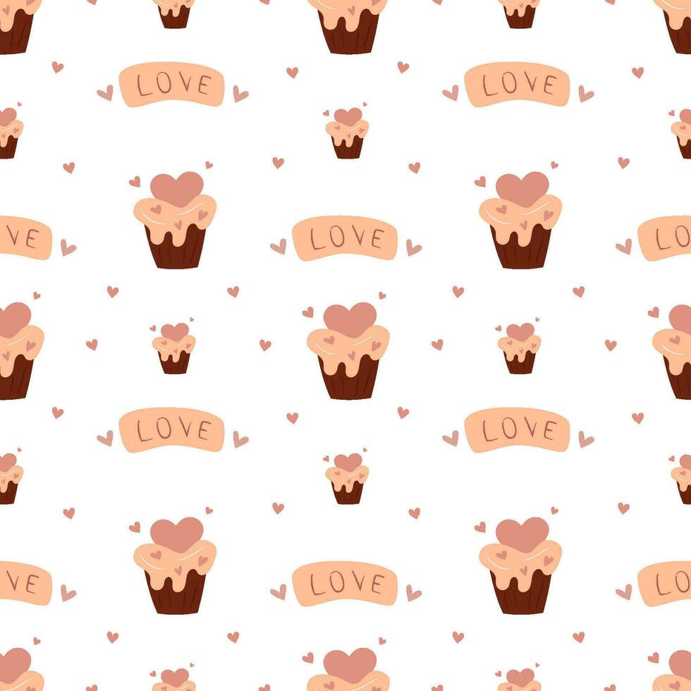 Valentine's day seamless pattern of cupcakes and letter love with hearts on white background. vector