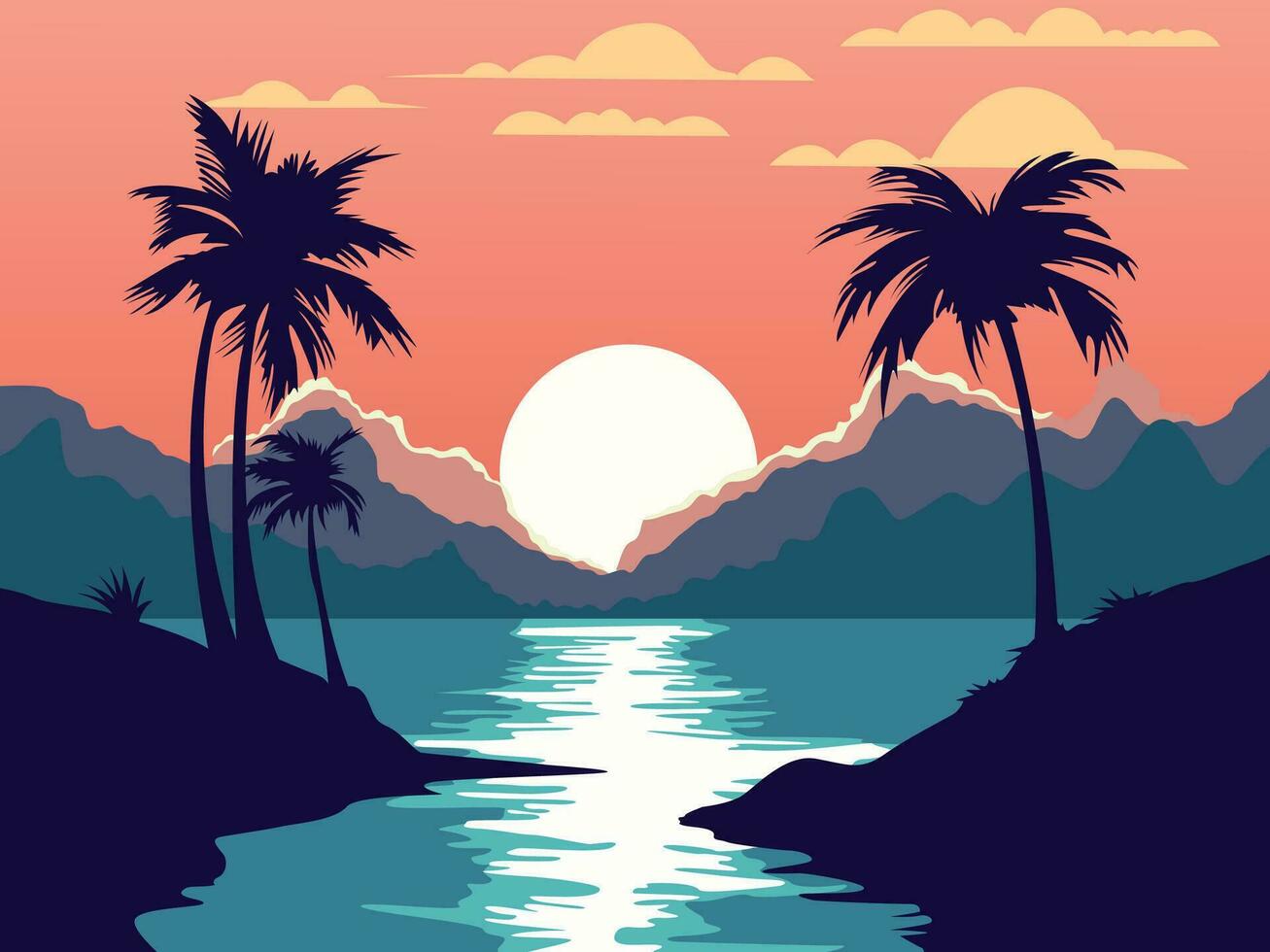 puesta de sol en el playa con árbol vector paisaje diseño ilustración