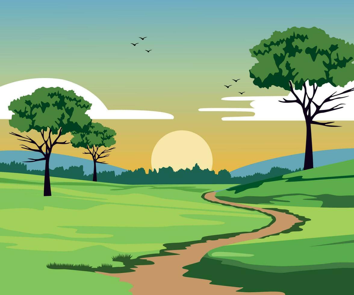 Village field Landscape with trees vector illustration